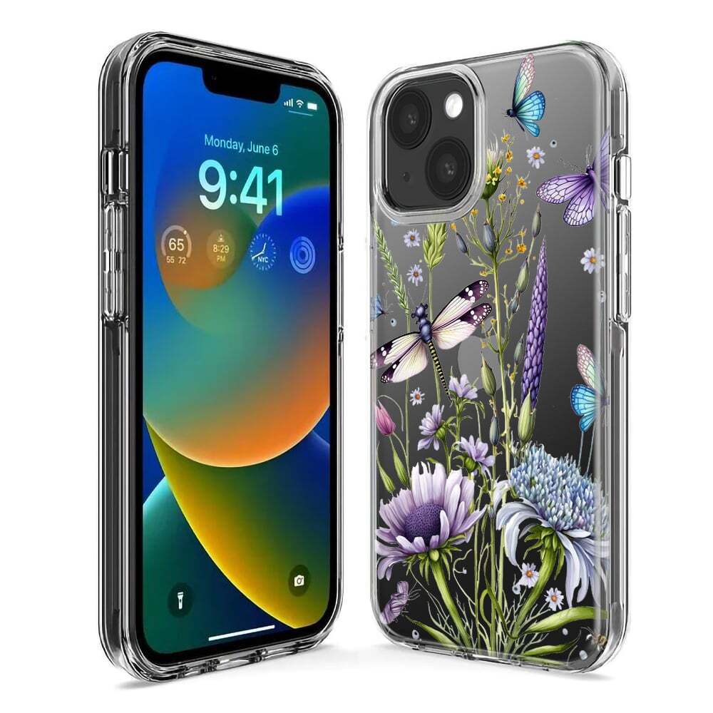 For Apple iPhone 14 Shockproof Case Dragonfly Butterflies Flowers