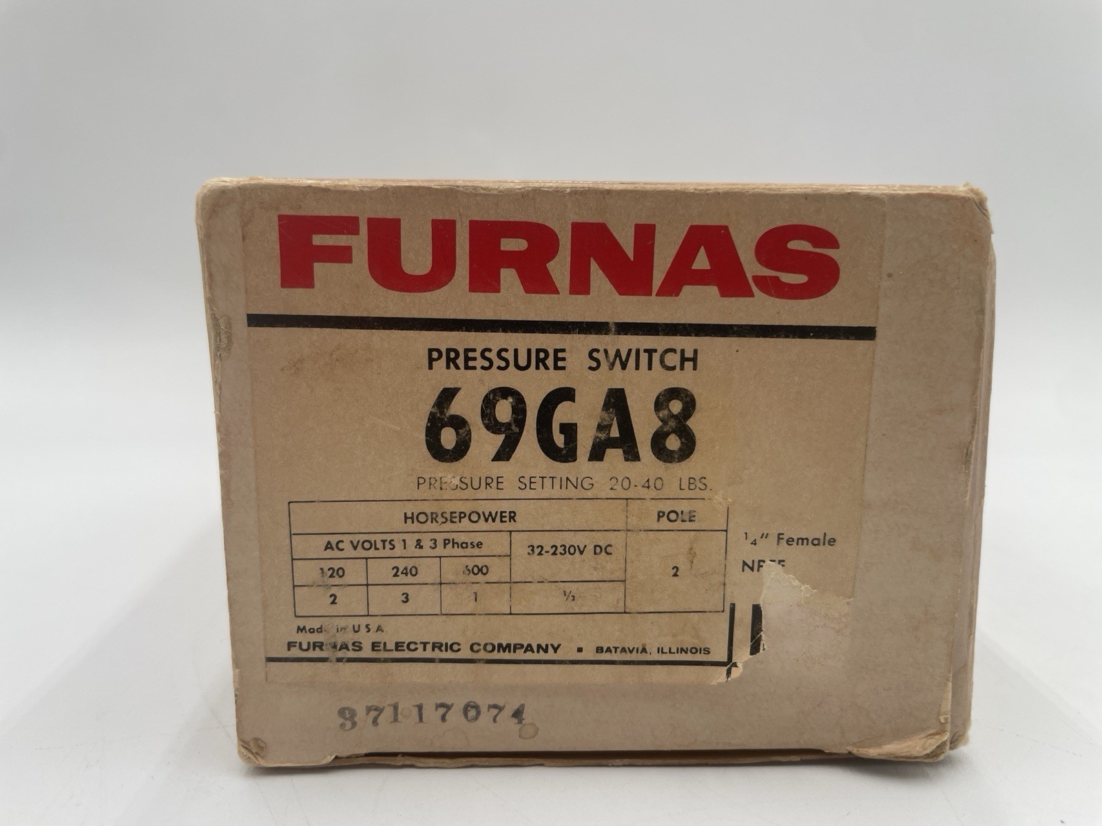 Furnas 69GA8 Pressure Switch Pressure Rating 20-40 LBS 1/4" NPTF New In Box OS