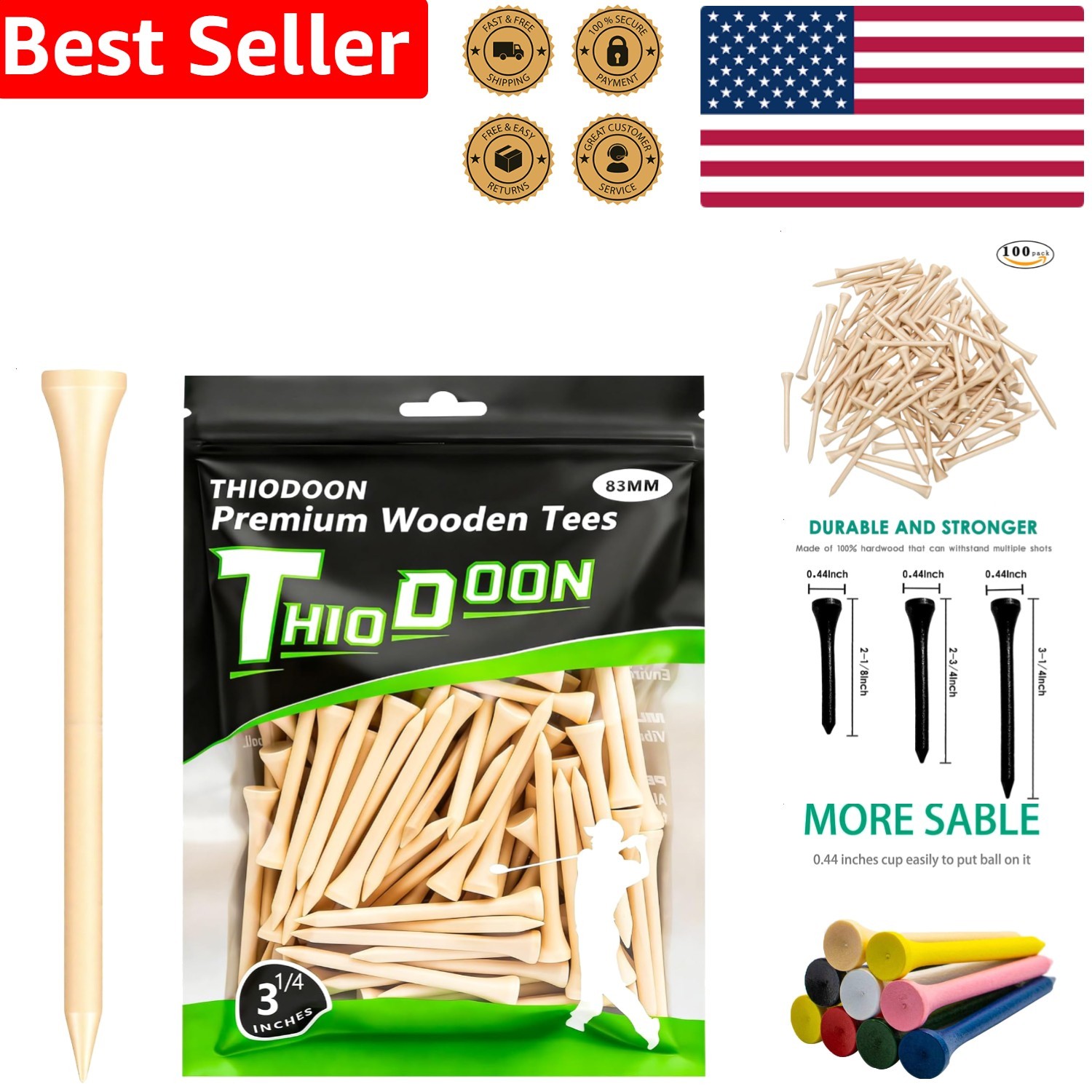 Professional 100-Pack Natural Wood Golf Tees - Available in 3 Sizes & Colors