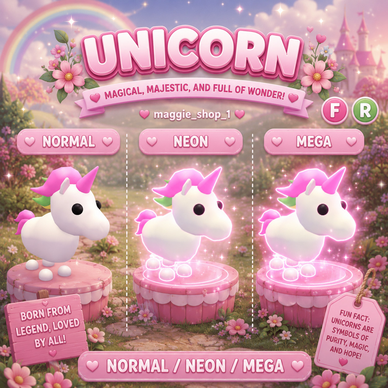 UNICORN FR Normal/Neon /Mega ✨ Adopt From Me Today ✨ Top Picks