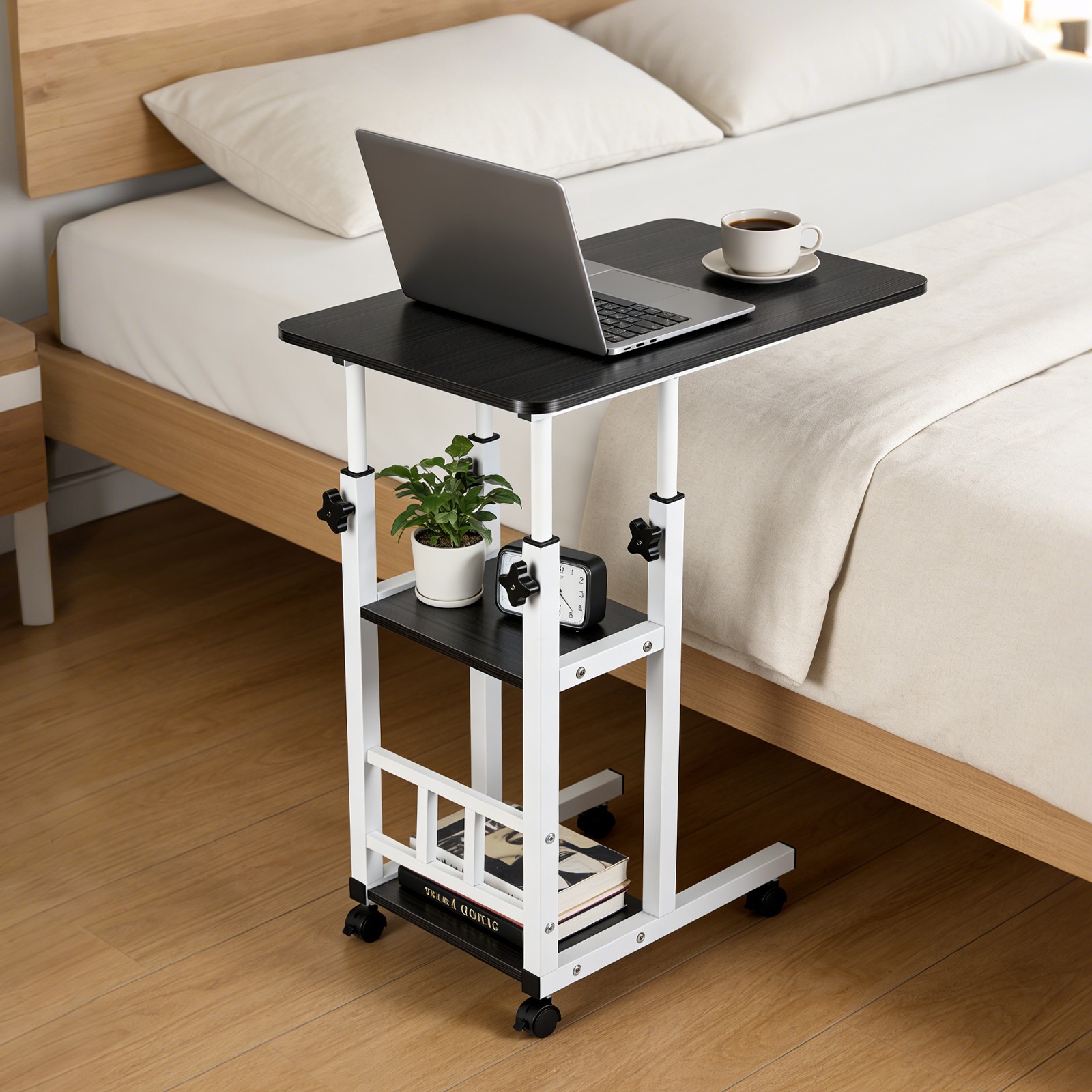 Height Adjustable C Table on Wheels with Storage Shelves Sofa End Table