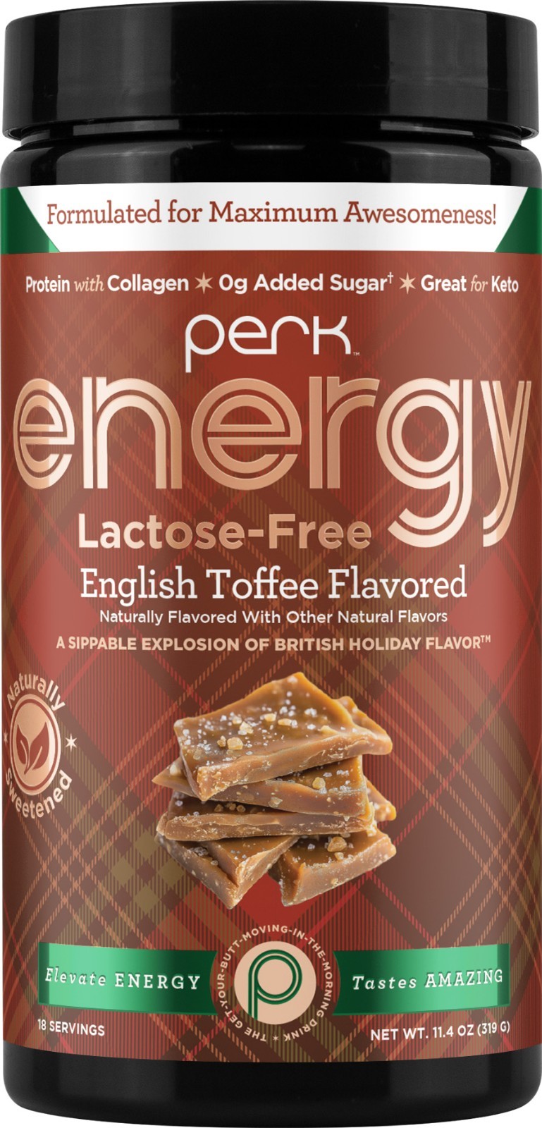Perk Energy Lactose-Free Drink Mix (18 Servings) English Toffee - Holiday Flavor