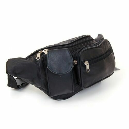 Black Leather Fanny Pack Phone Waist Sport Bag Travel Jogger