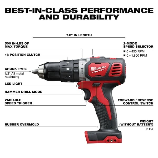 Milwaukee Tool 2607-20 M18 Compact 1/2" Hammer Drill/Driver