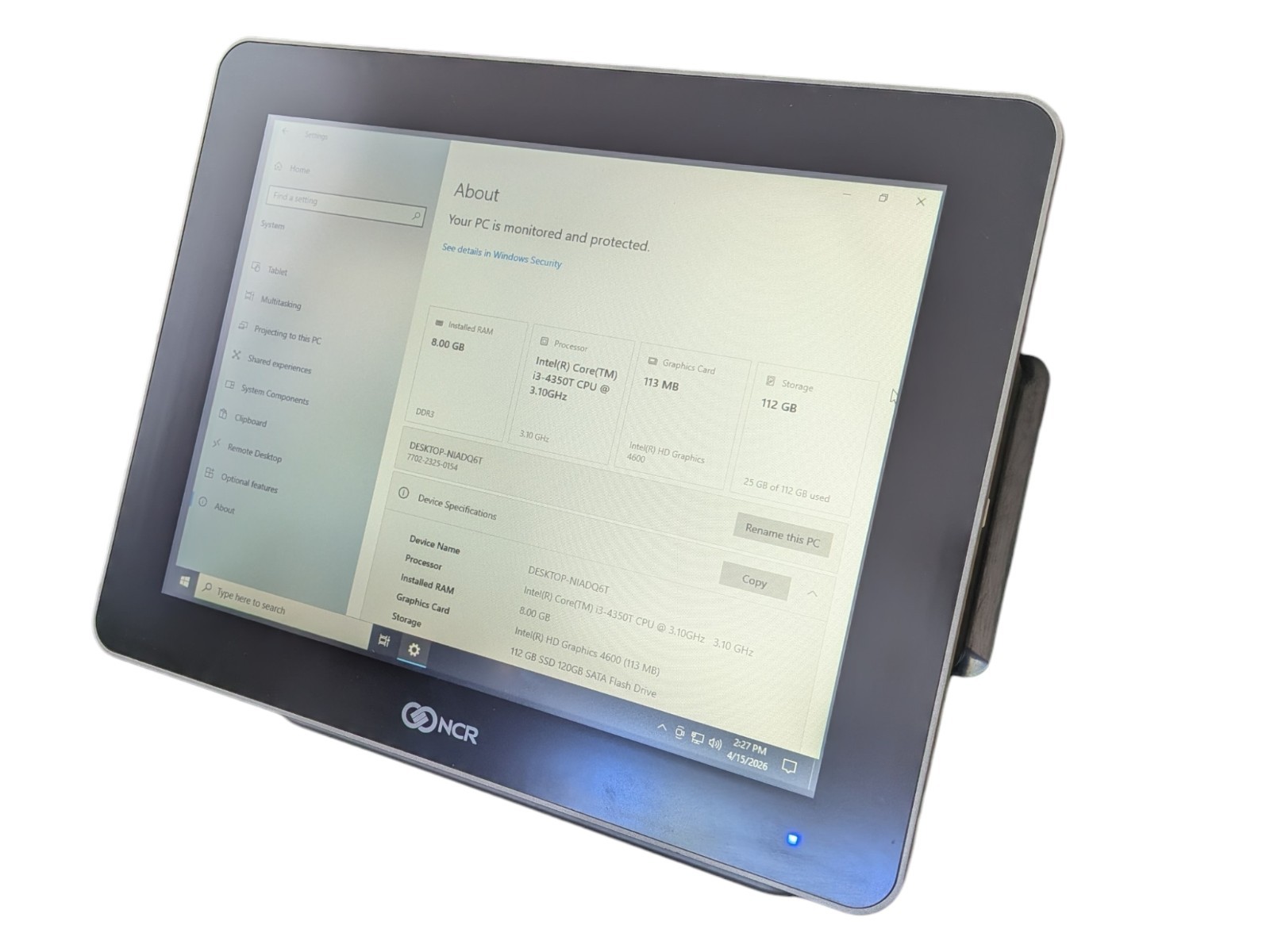 NCR 7702-2325 XR7, 15" Touch, Intel i3 3.1ghz,8GB, 120GB SSD Windows 10 IoT LTSC