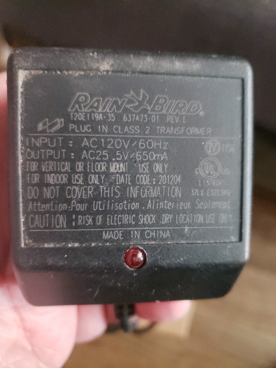 Rain Bird plug-in Class 2 transformer designed for indoor irrigation controllers