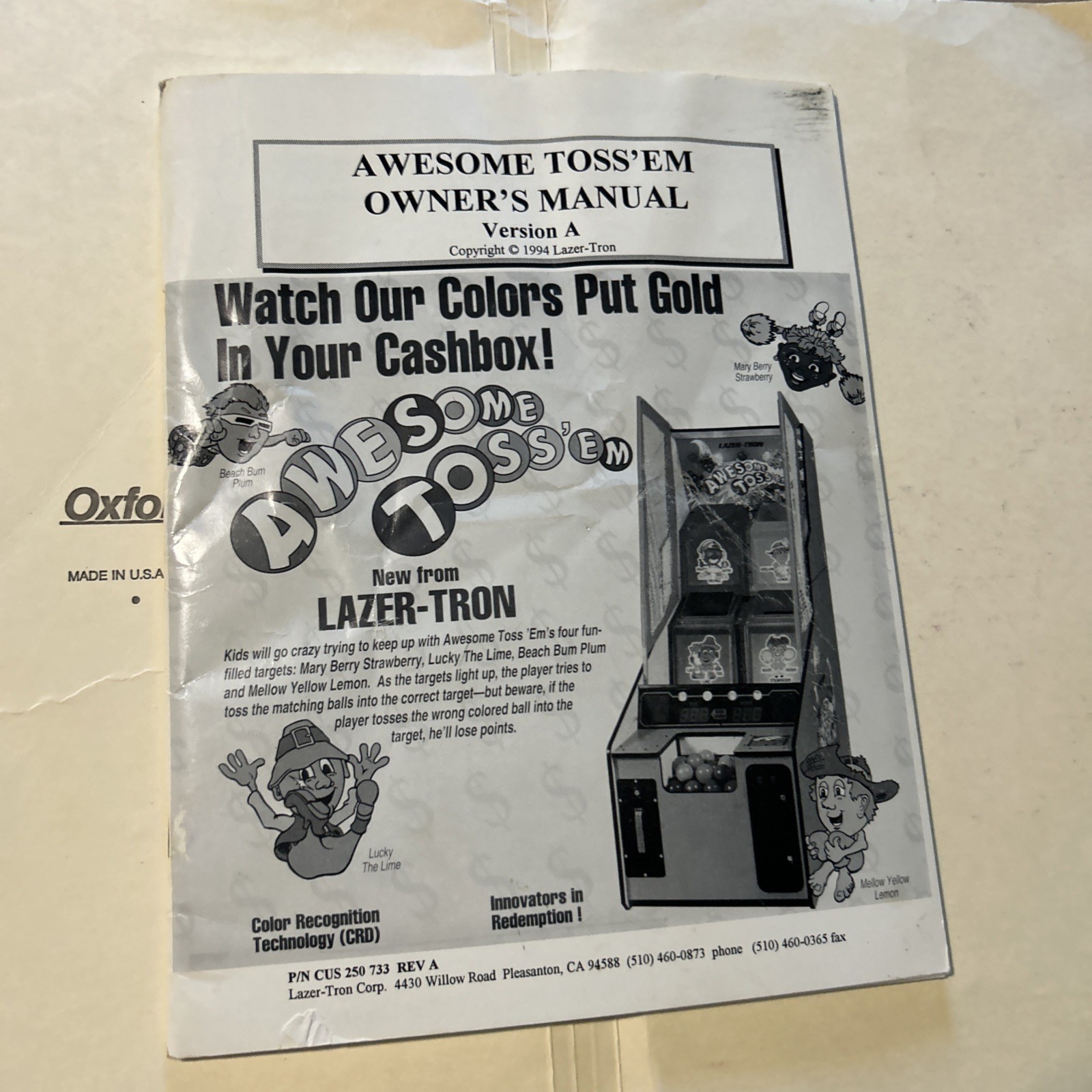 Original Awesome Awesome Toss'em  W/Schematics Arcade  Game Owners Manual