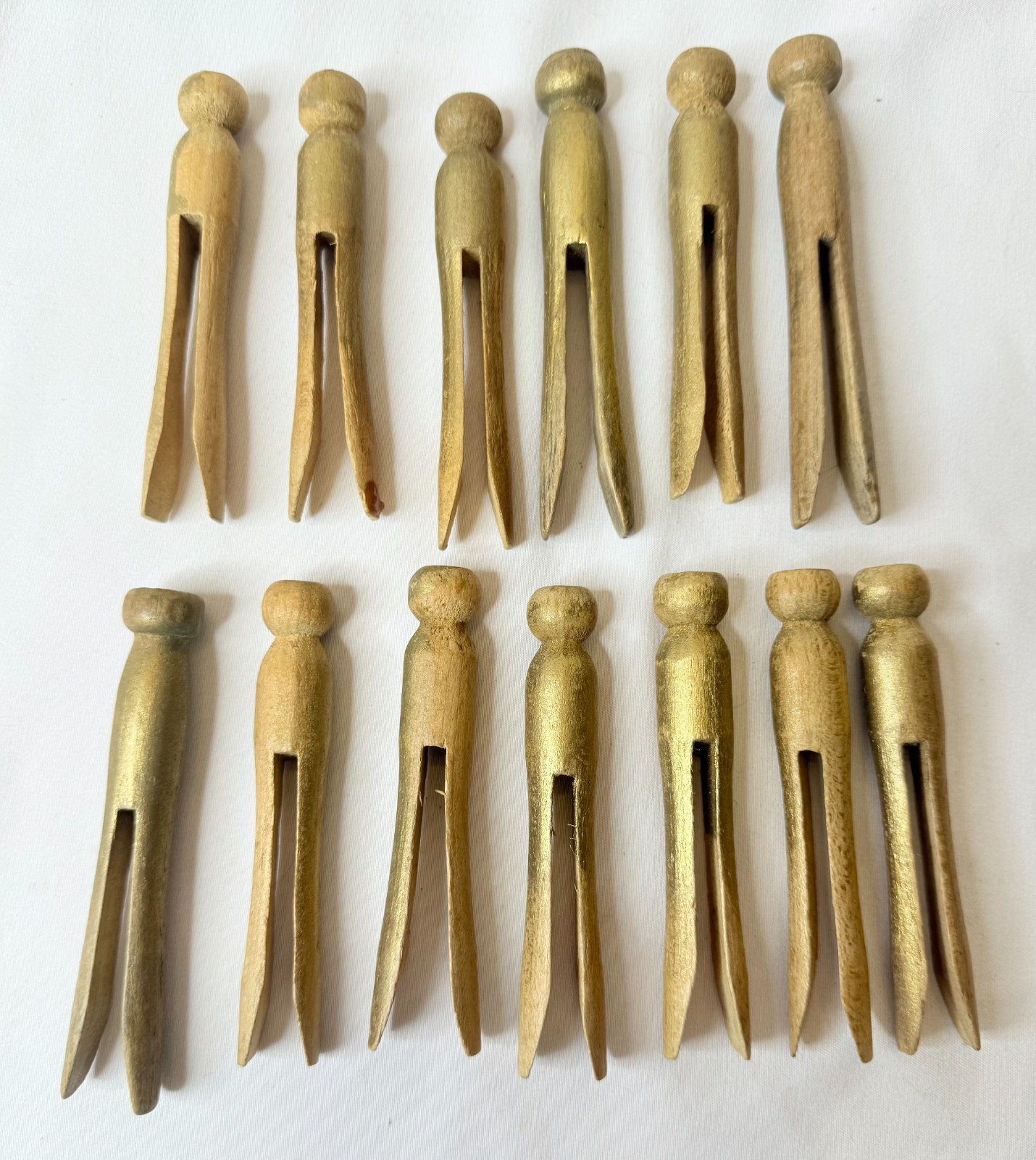 VTG 13 Antique Wooden Round Head Clothespins Weathered Primitive Painted Gold