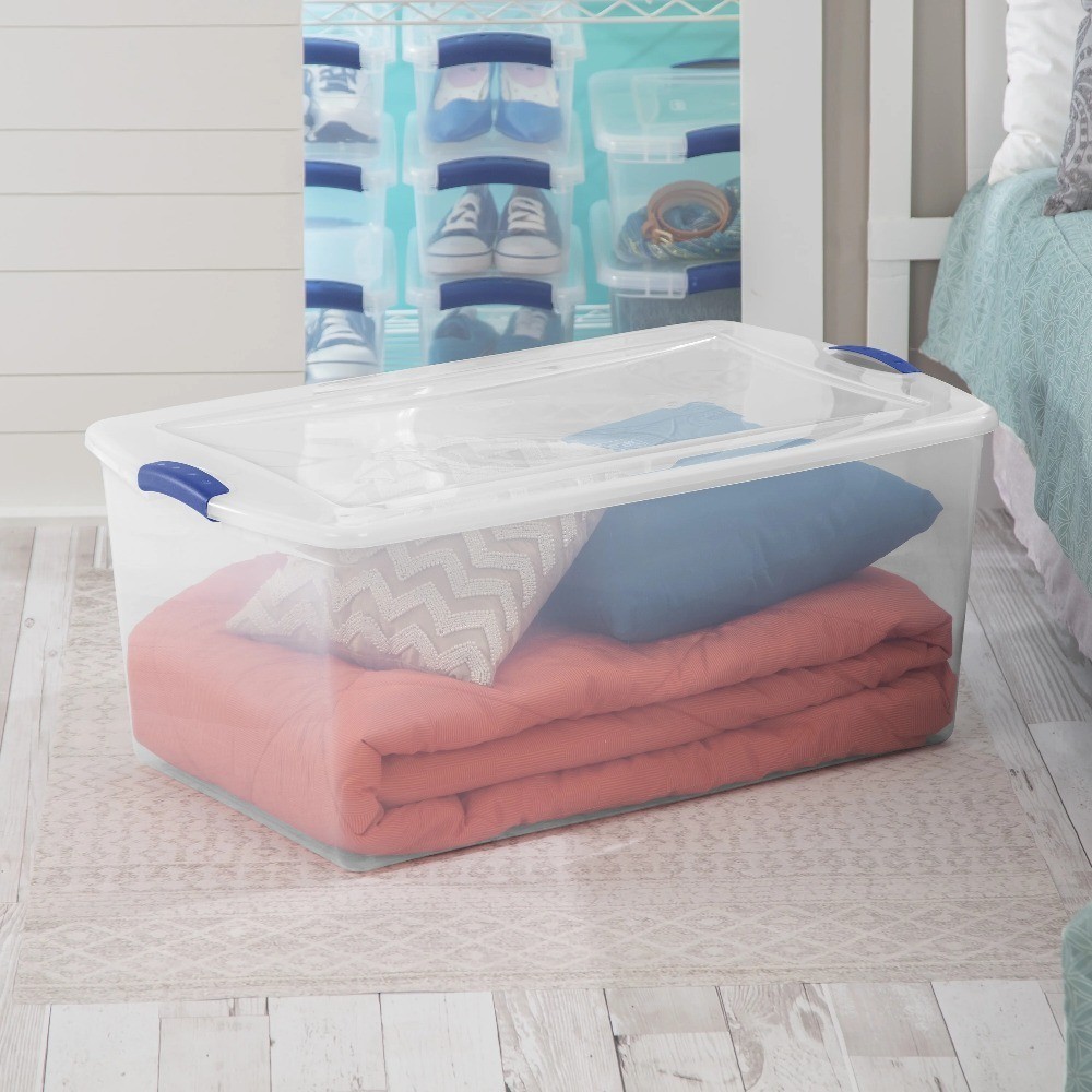 Clear Plastic Storage Bin with Blue Latching Lid 105 Quart Latch Box Container