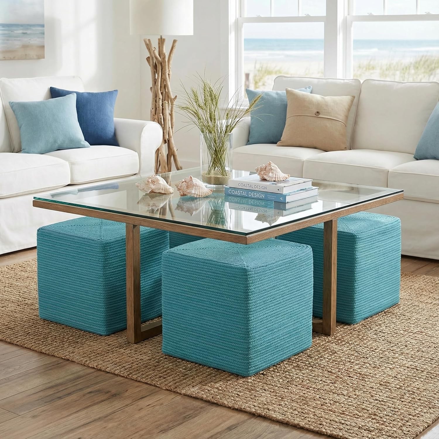 Macon Square Rope Pouf Ottoman Aqua