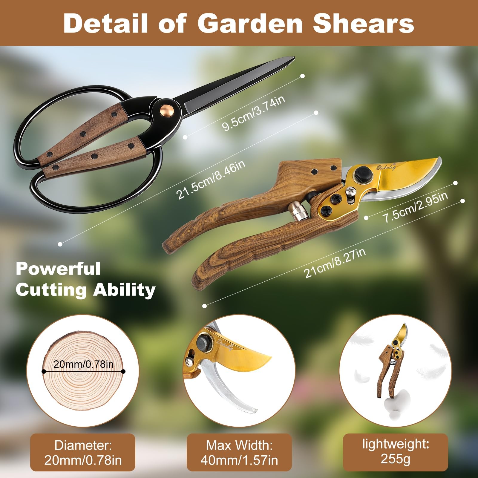 Dekeliy 2Pack Garden Pruning Shears Set: Ultra Sharp SK5 Blade Wood Grain