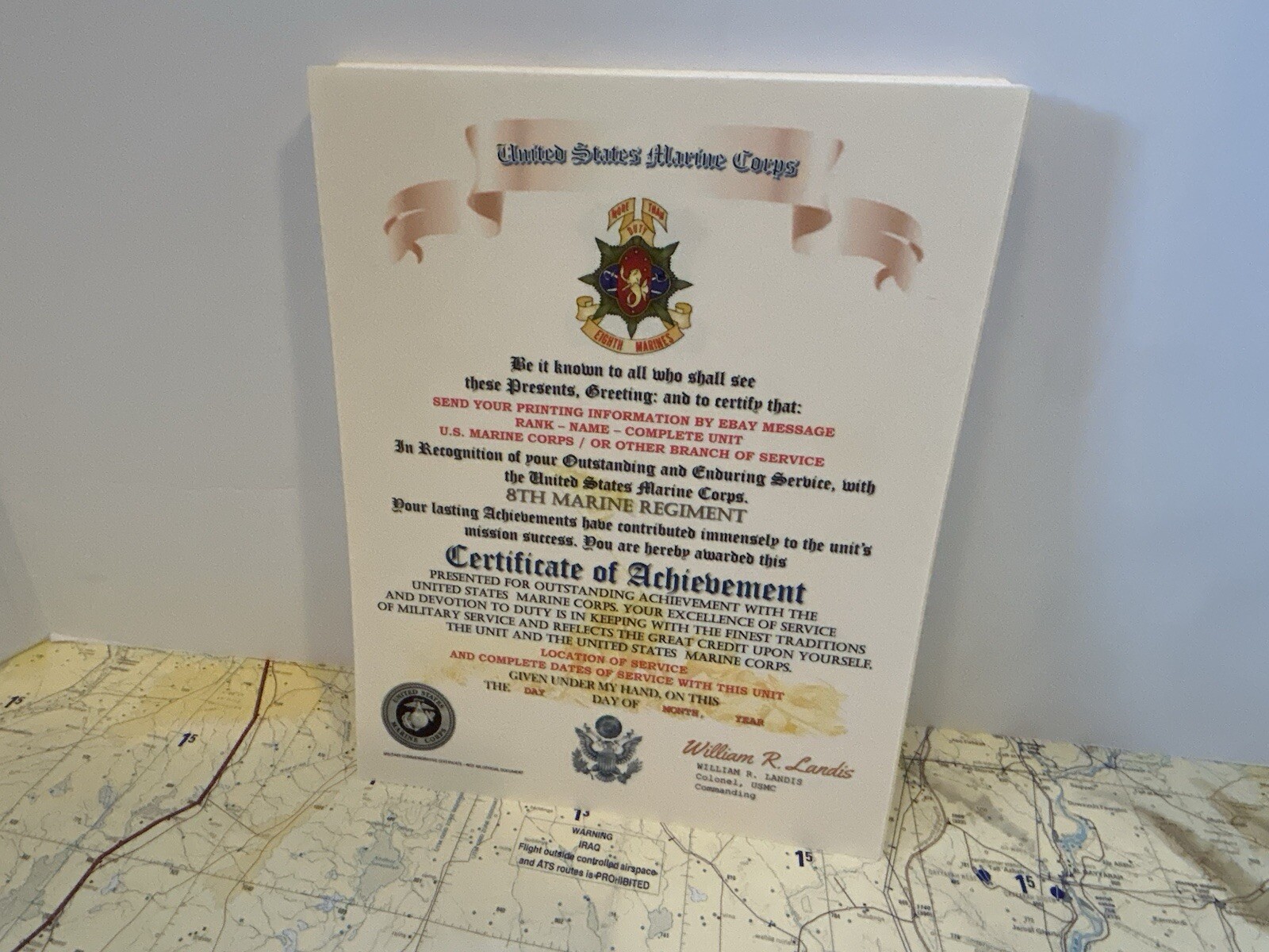 U.S.M.C. / 8TH MARINE REGIMENT - CERTIFICATE OF ACHIEVEMENT