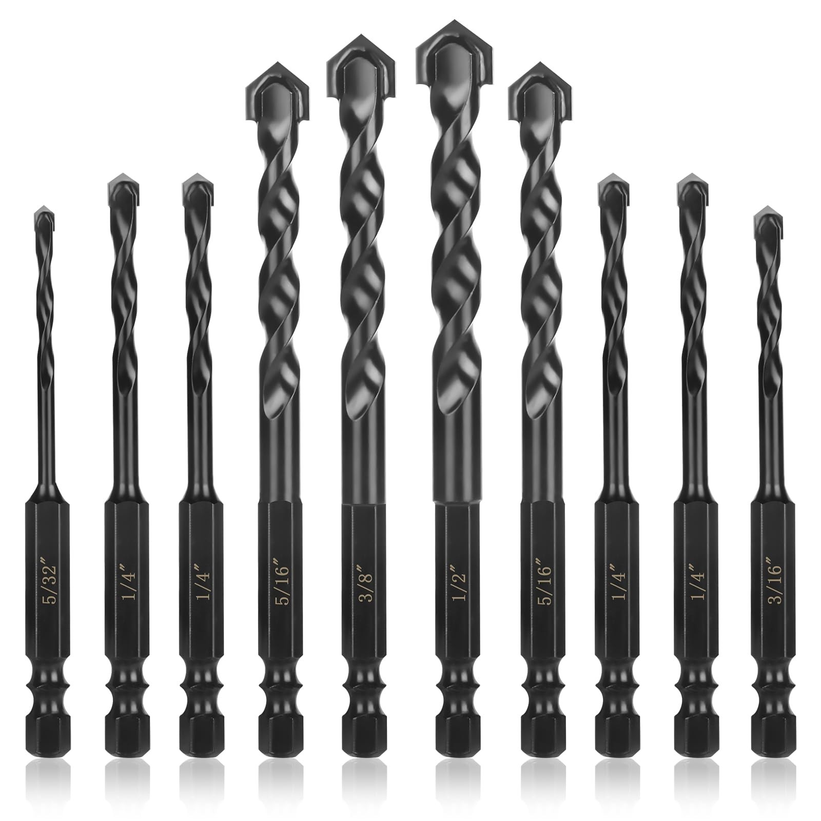 10Pcs Masonry Drill Bit Set 3/16"-1/2", Professional 1/4" Hex Shank Concrete ...