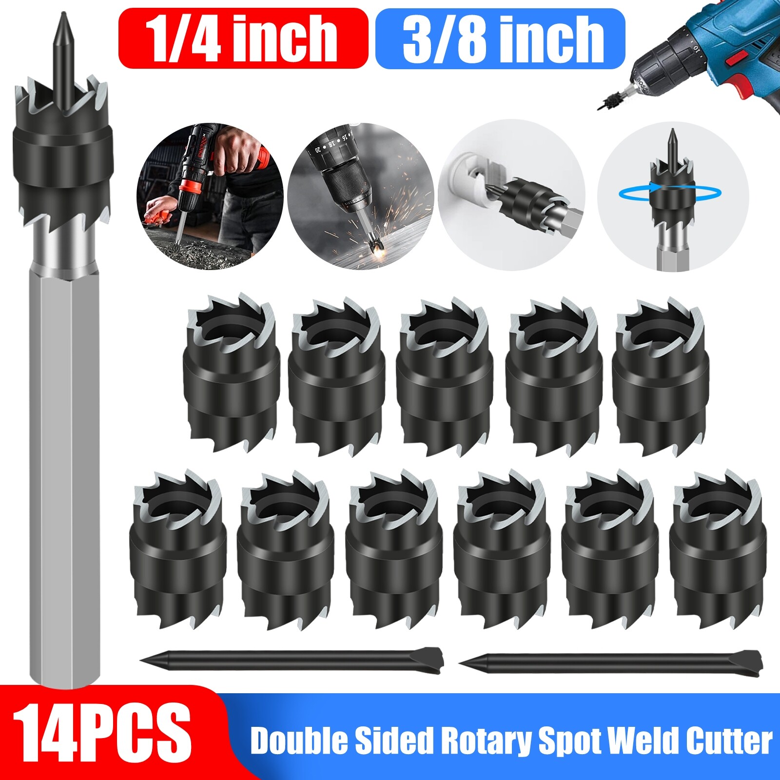 14x 3/8" Spot Weld Double Sided Cutter Remover HSS Drill Bit Welder Cut Tool Kit