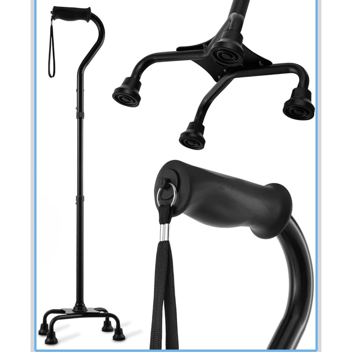 Quad Cane Walking Stick Adjustable Lightweight 4 Prong Base Black