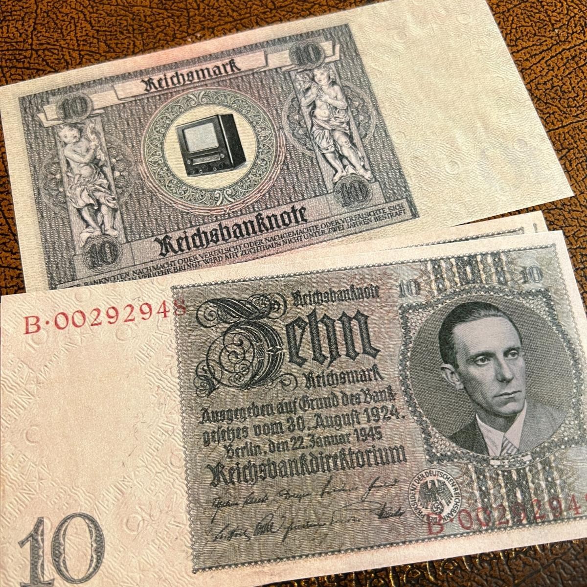 1945 Germany 3rd Reich 10 RM (Reichsmark) banknote UNC, Goebbels!