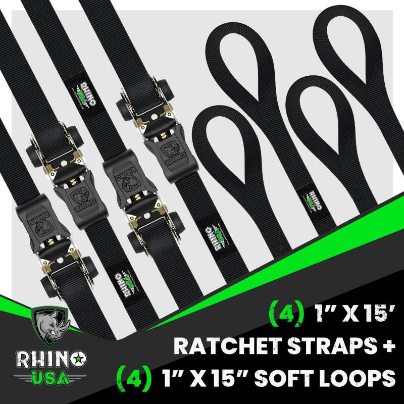 RHINO USA - Medium Duty Ratchet Strap Tie-Down 4-Pack Black | GMG-R1-4PACK