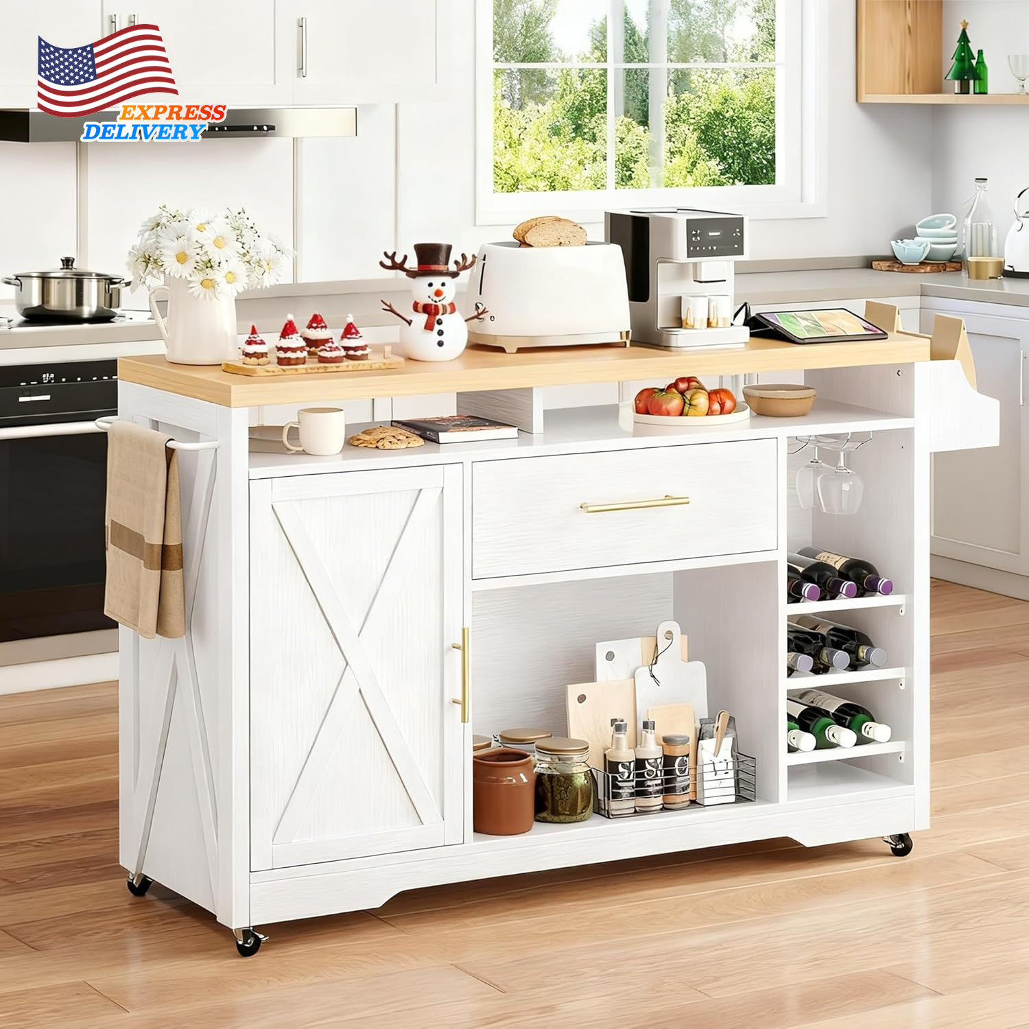 Large Kitchen Island with Power Outlet Rolling Kitche Cart with Wine Rack