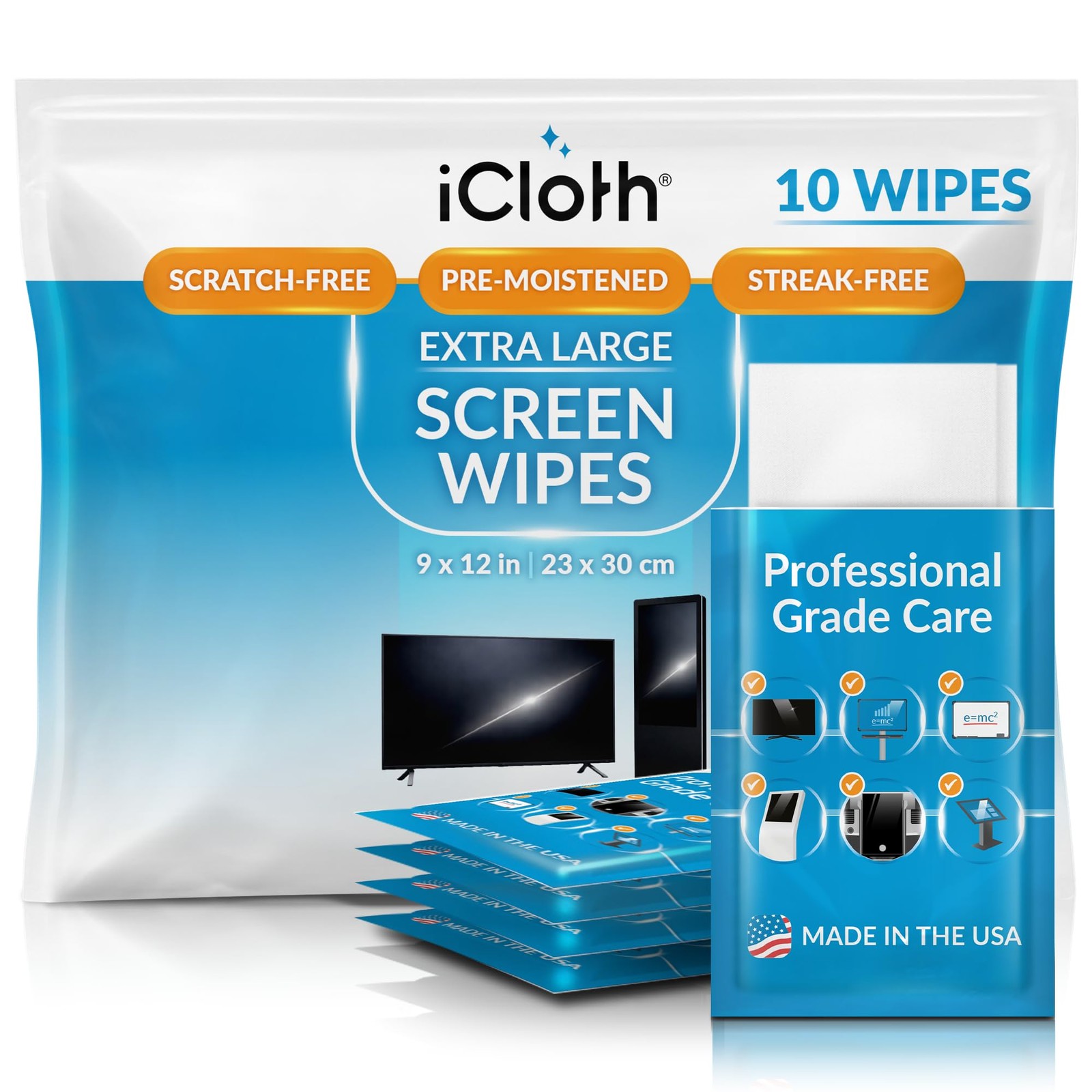 XL Screen Cleaning Wipes, Lint-Free and Streak-Free, Fast-Drying, Removes Dus...