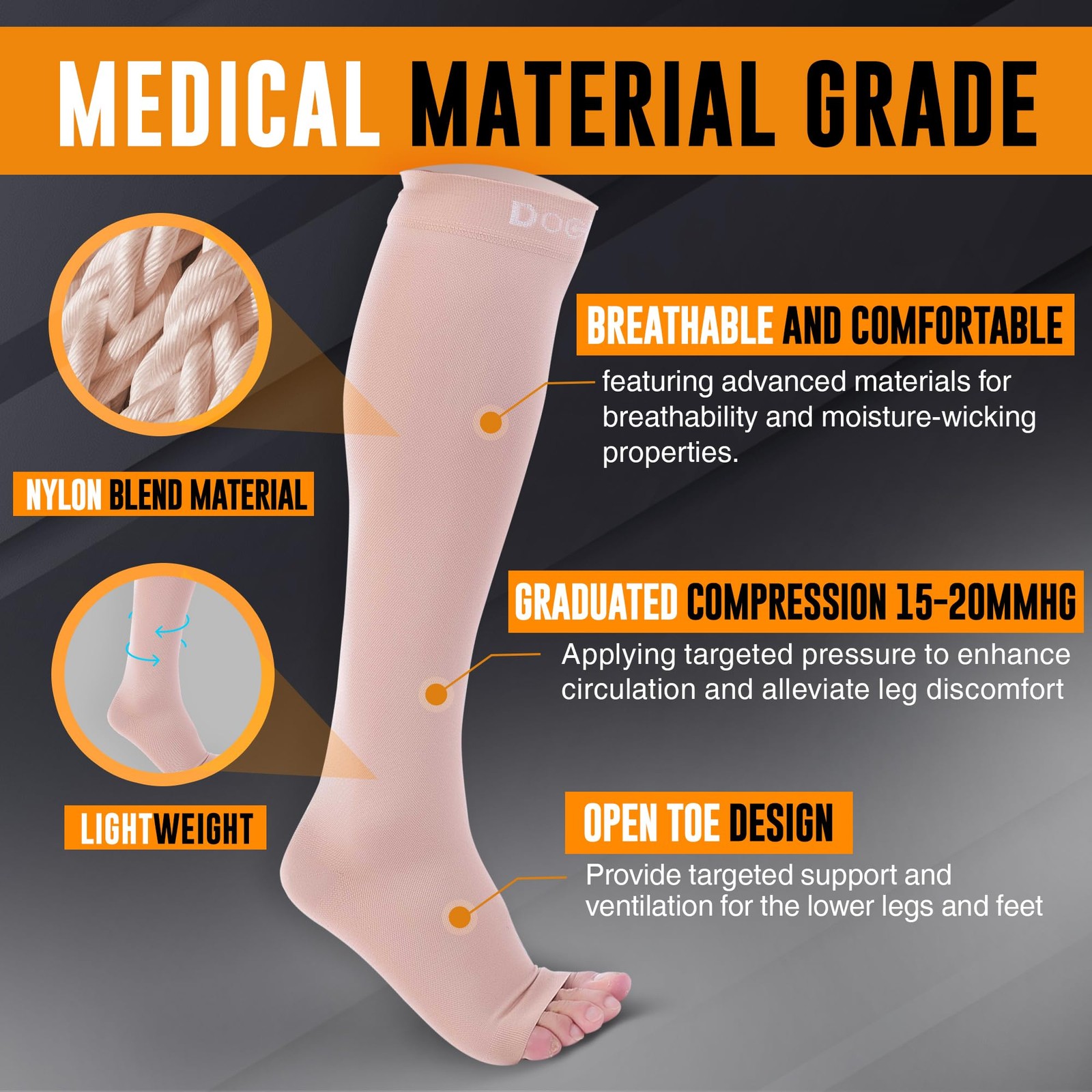 Doc Miller Open Toe Compression Socks for Women & Men Large Regular, Beige