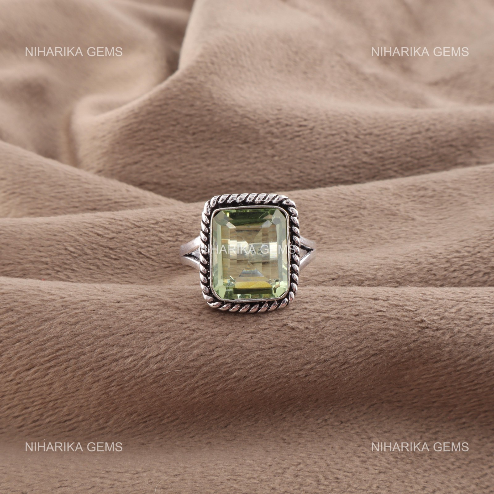 925 Sterling Silver Rectangle Green Amethyst Stone Solitaire Mother Ring Jewelry