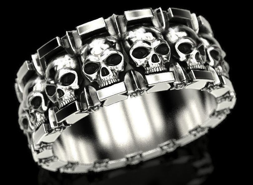 Gothic Skull and Stars Wedding Band Mens Biker Ring In 925 Sterling Silver