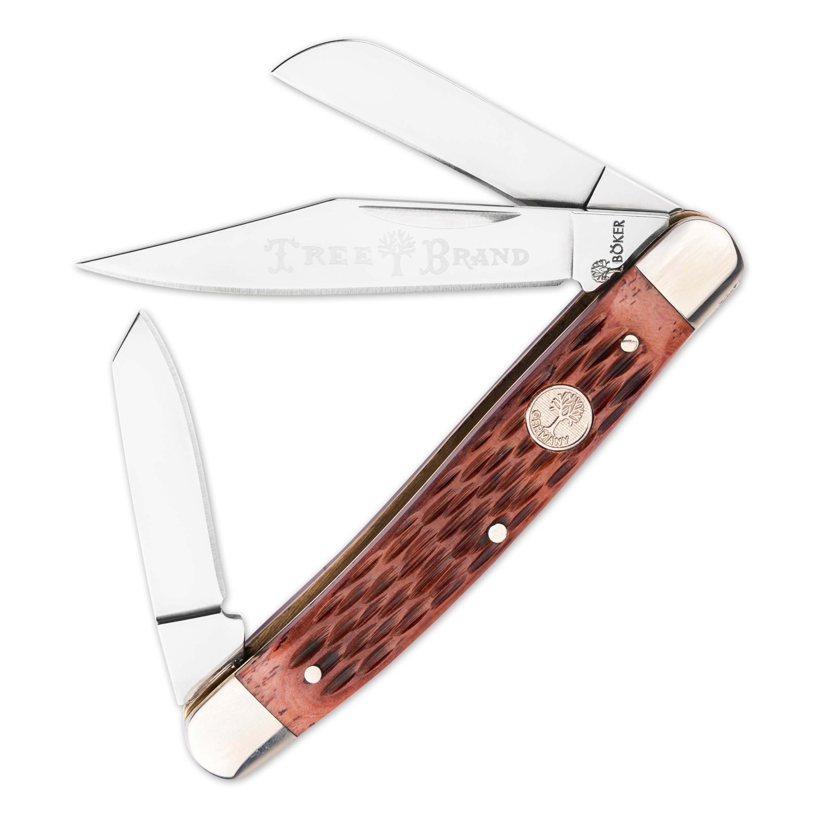 BOKER Treebrand Lg Stockman Jigged Brown Bone Classic Three-Blade Knife 110857