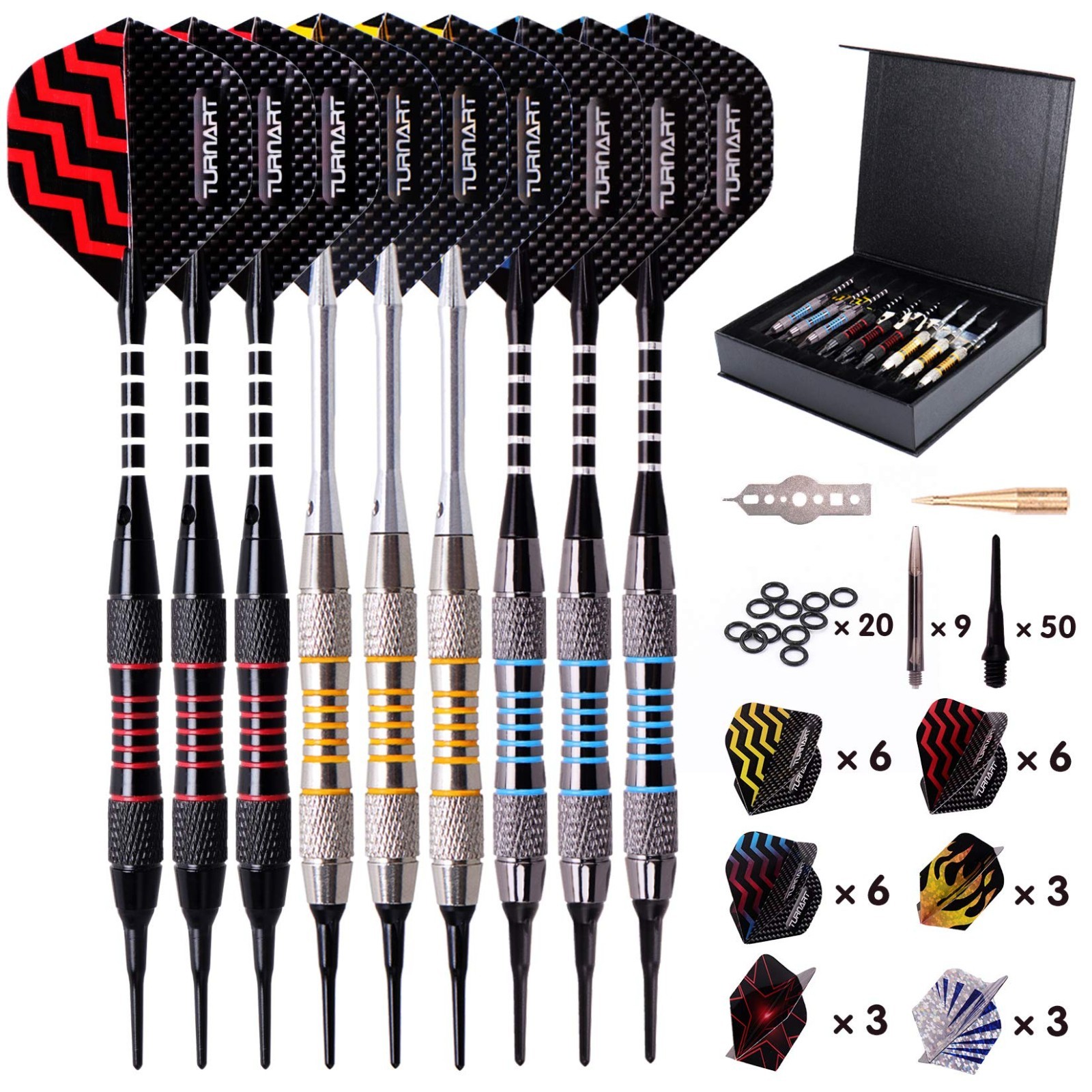 Professional Soft Tip Darts Set - 9 Pcs 18g for Electronic Dartboard, 50 Tips, 9