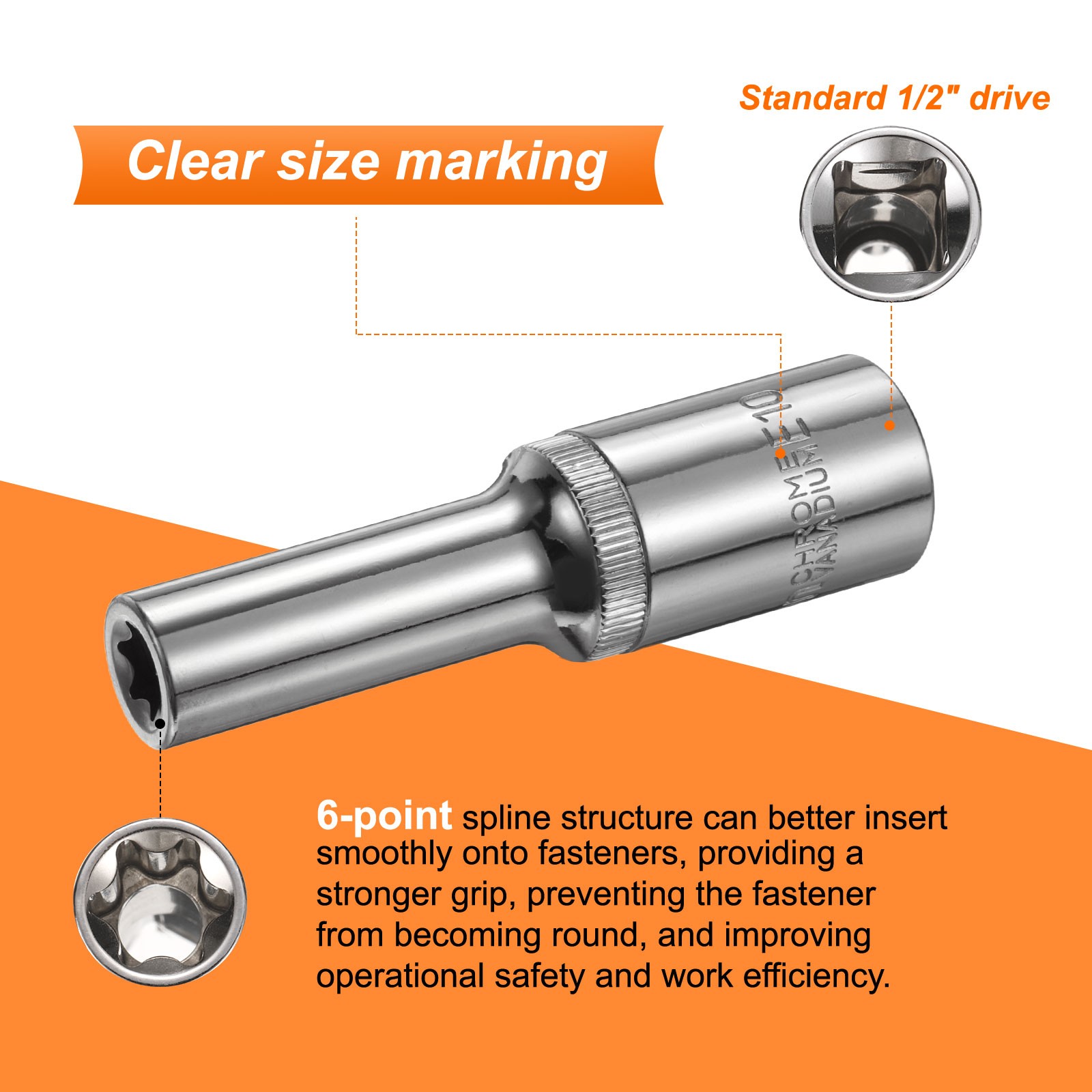 E-Torx Socket 1/2" Drive E10 Star 3.1" Length 6 Point Spline Socket
