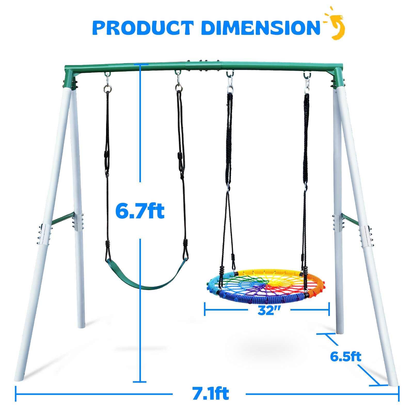 500lb Heavy Duty 7.5ft Tall Swing Set for Playground with 2 Swings Kids Swingset