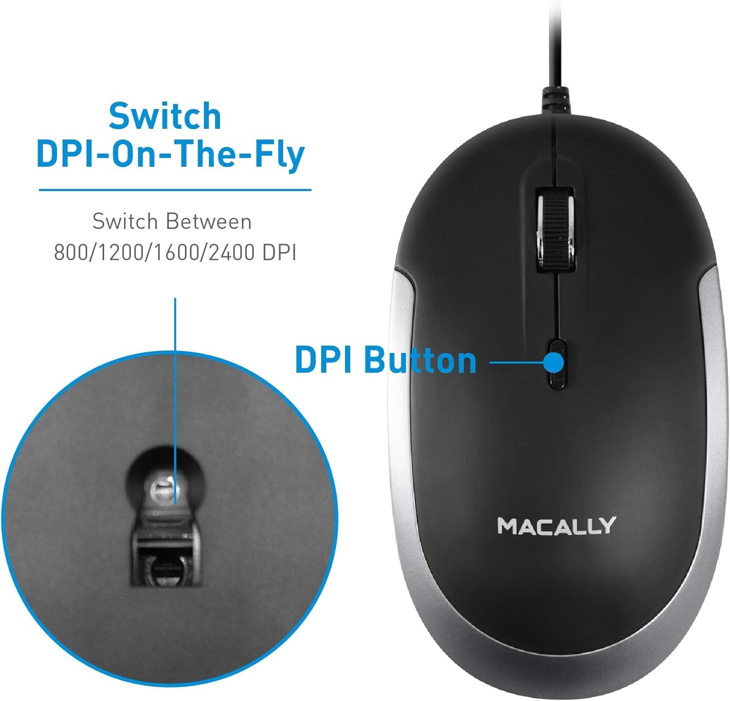 Macally Silent Wired Mouse - Slim & Compact USB Black with Space Gray Trim