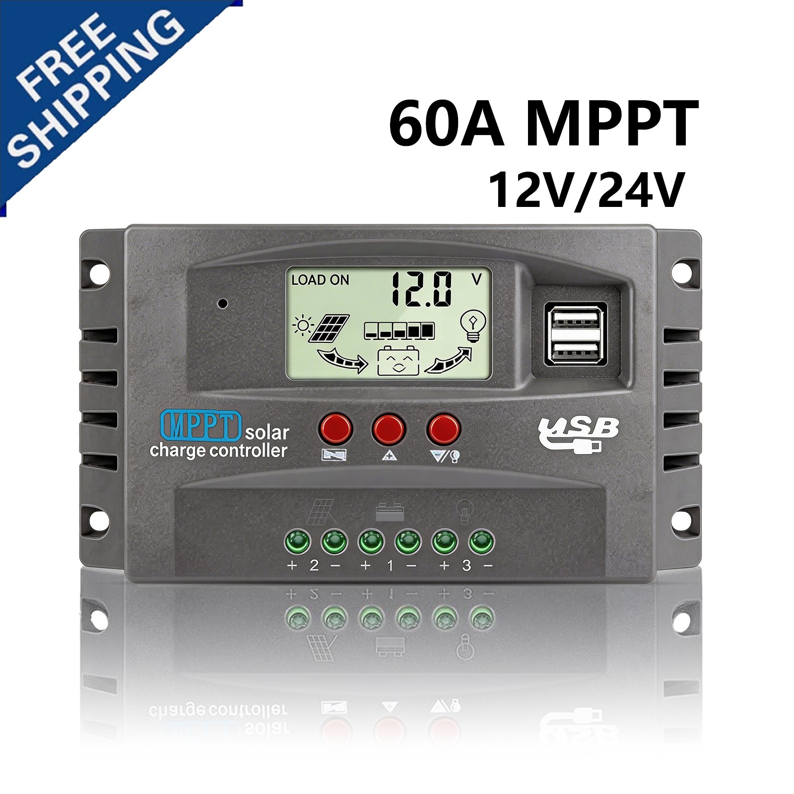 60/100A Solar Charge Controller 12V/24V Auto LCD&USB for LiFePO4/AGM/GEL