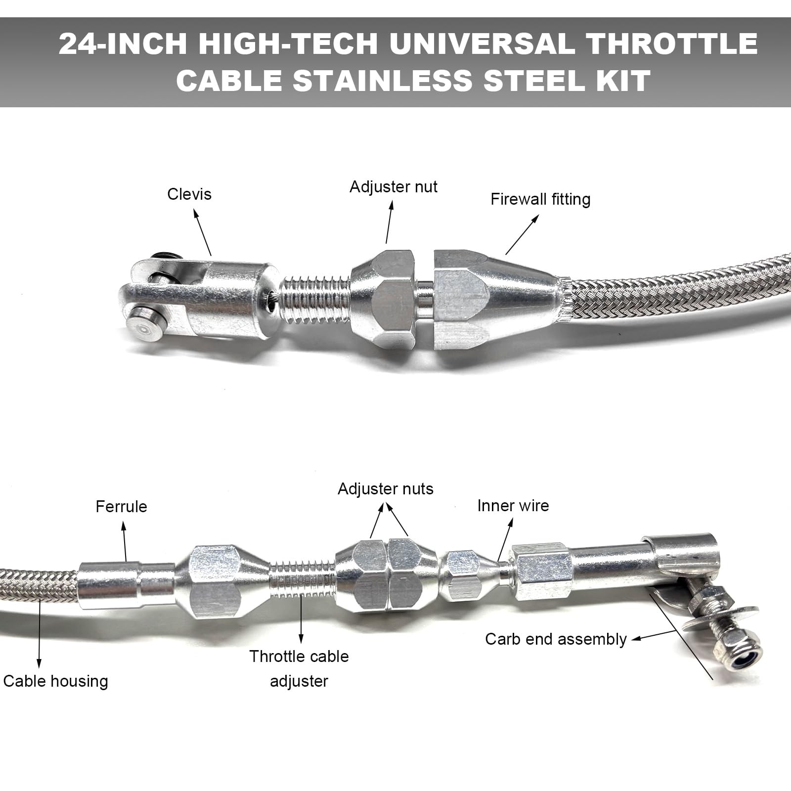 24" Throttle Cable Kit, Stainless Steel Braided Throttle Cable Line with Fitting