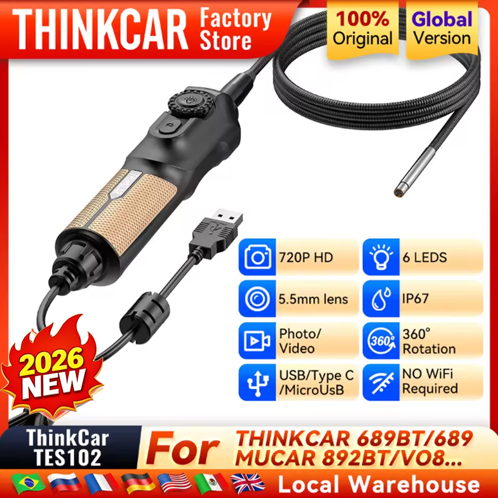 THINKCAR TES102 Endoscope HD Car Inspection Camera Tool for 892BT 689BT VO8 VO7