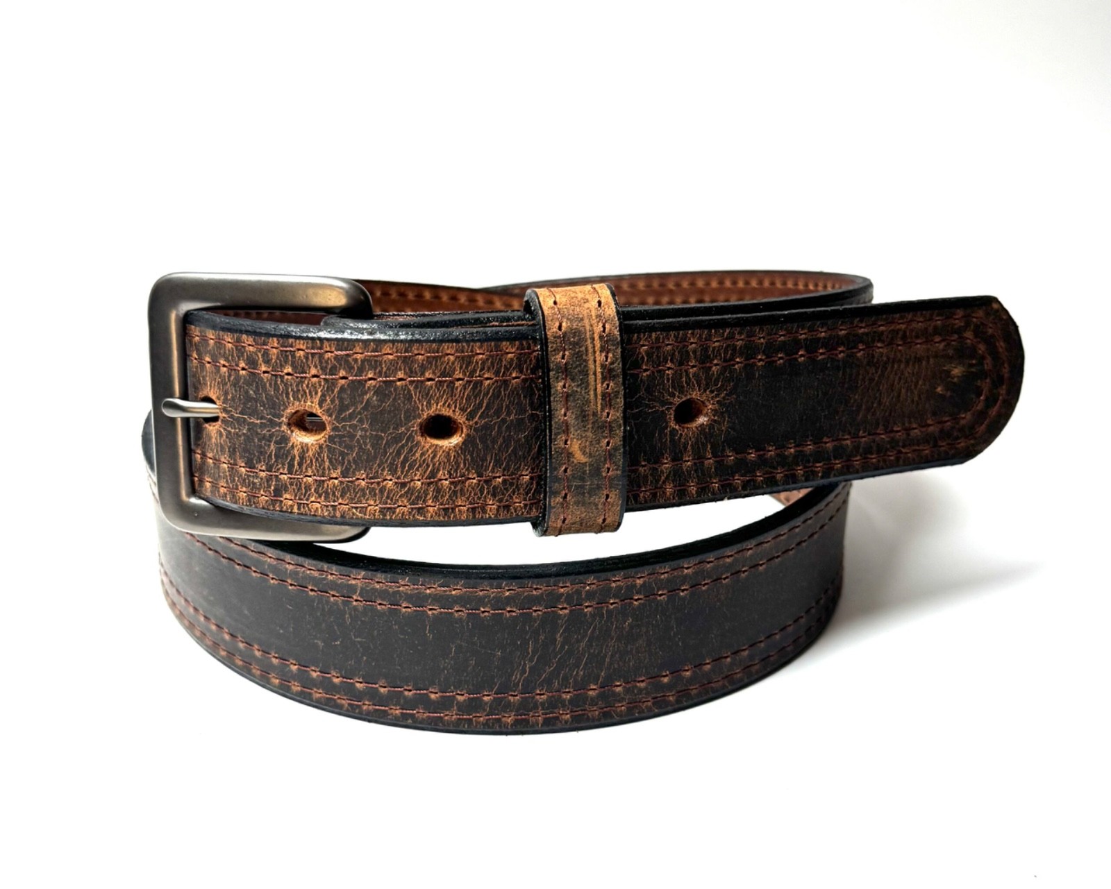 Water Buffalo Double Stitch Crazy Horse Belt - Brown Stitching - Amish Made