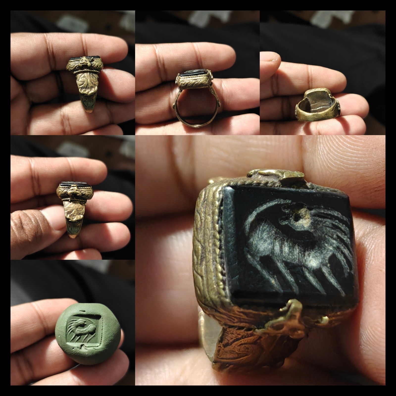 Mediveal brass black agate animal intaglio unique ring