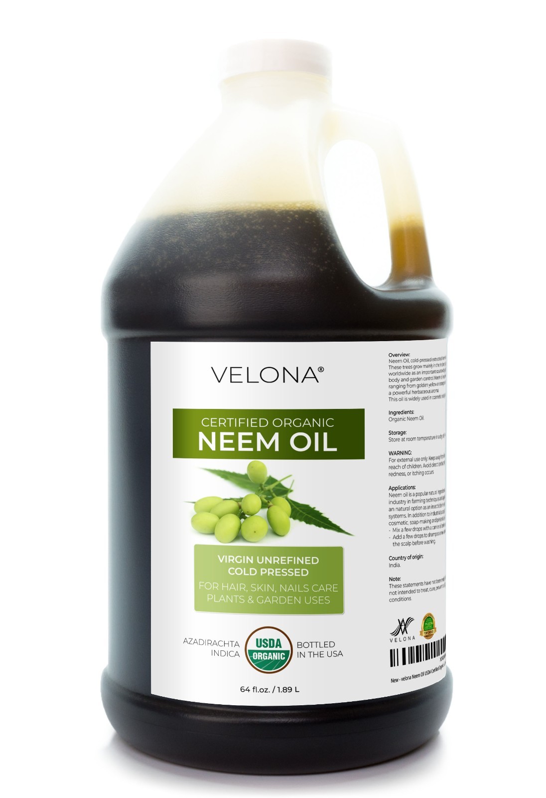 Velona Neem Oil USDA Certified Organic - 64 Fl Oz Virgin, Unrefined Cold Pressed