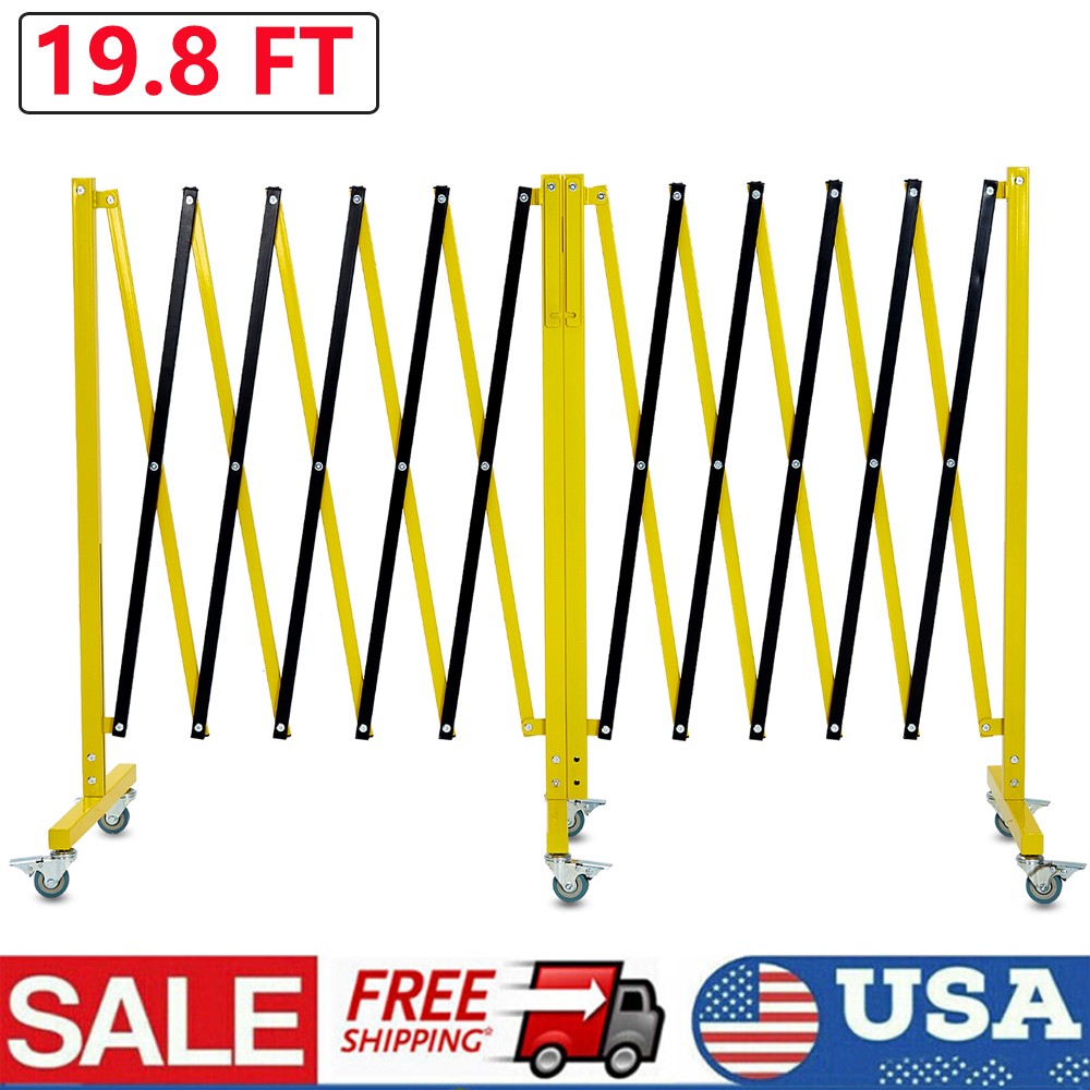 19.8x3.4ft Expandable Metal Barricade Safety Traffic Barrier W/ Casters Yellow