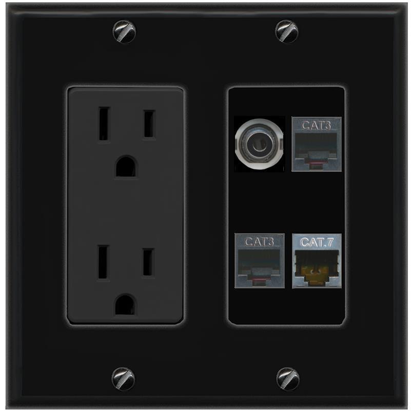 3.5mm CAT7 2 PHONE Port Wall Plate Black w Power Outlet