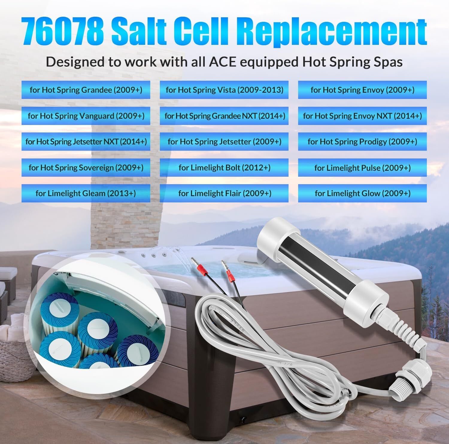 Scepter Salt Cell 76078 for ACE Systems Spas & Hot Tub, for Hot Spring/Limelight
