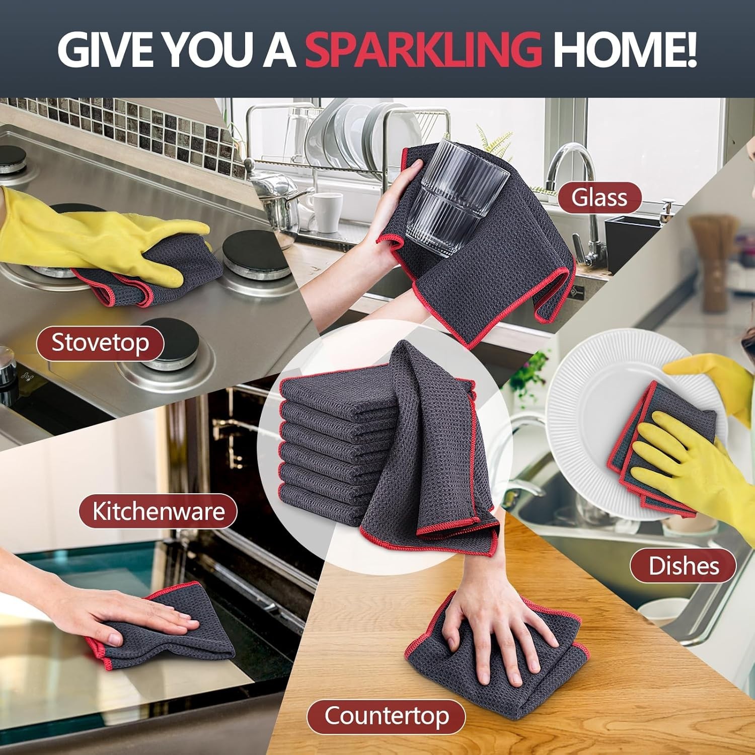 Absorbent Microfiber Cleaning Cloths - Quick Drying, 12x12, 6 Pack