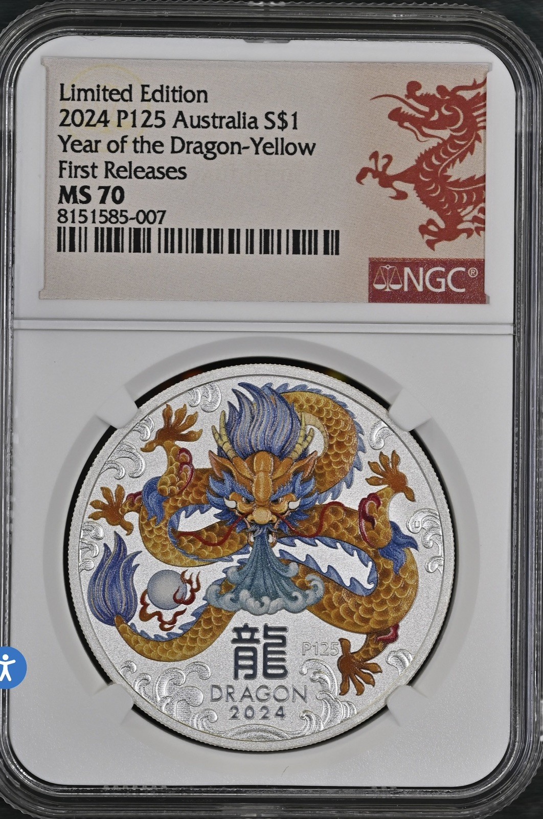 2024 P125 Australia S$1 Year of the Dragon Yellow First Release MS70 NGC