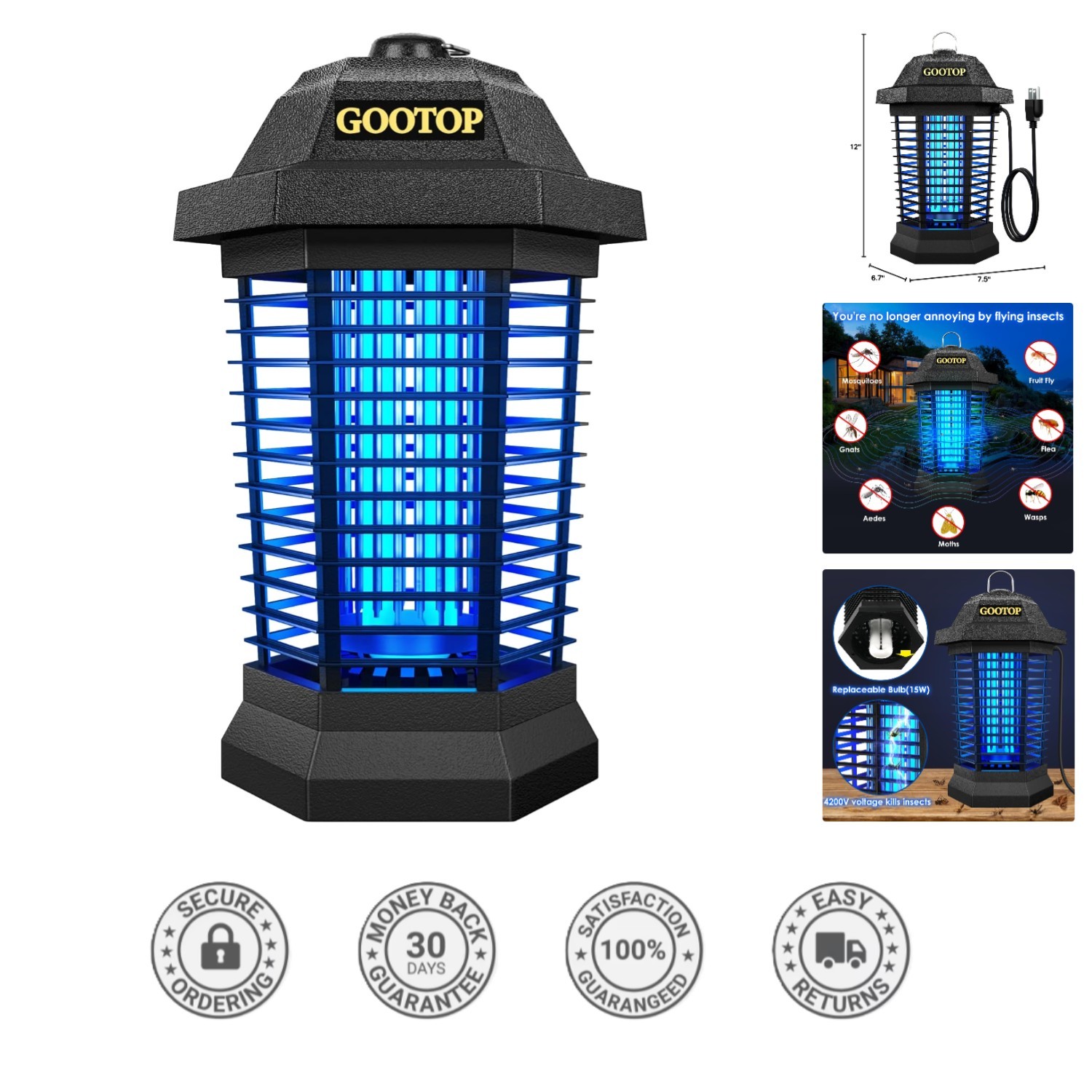 Vintage Black Bug Zapper – Outdoor Mosquito Killer with 4200V Electric Grid