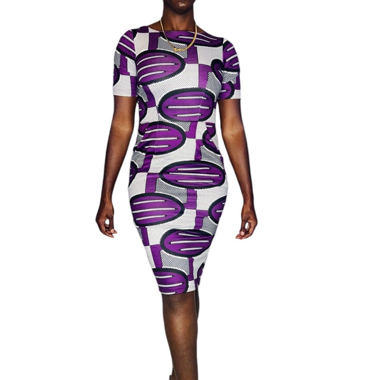 African Print Purple Fitted Stretchy Midi Dress w/Black & White Patterns