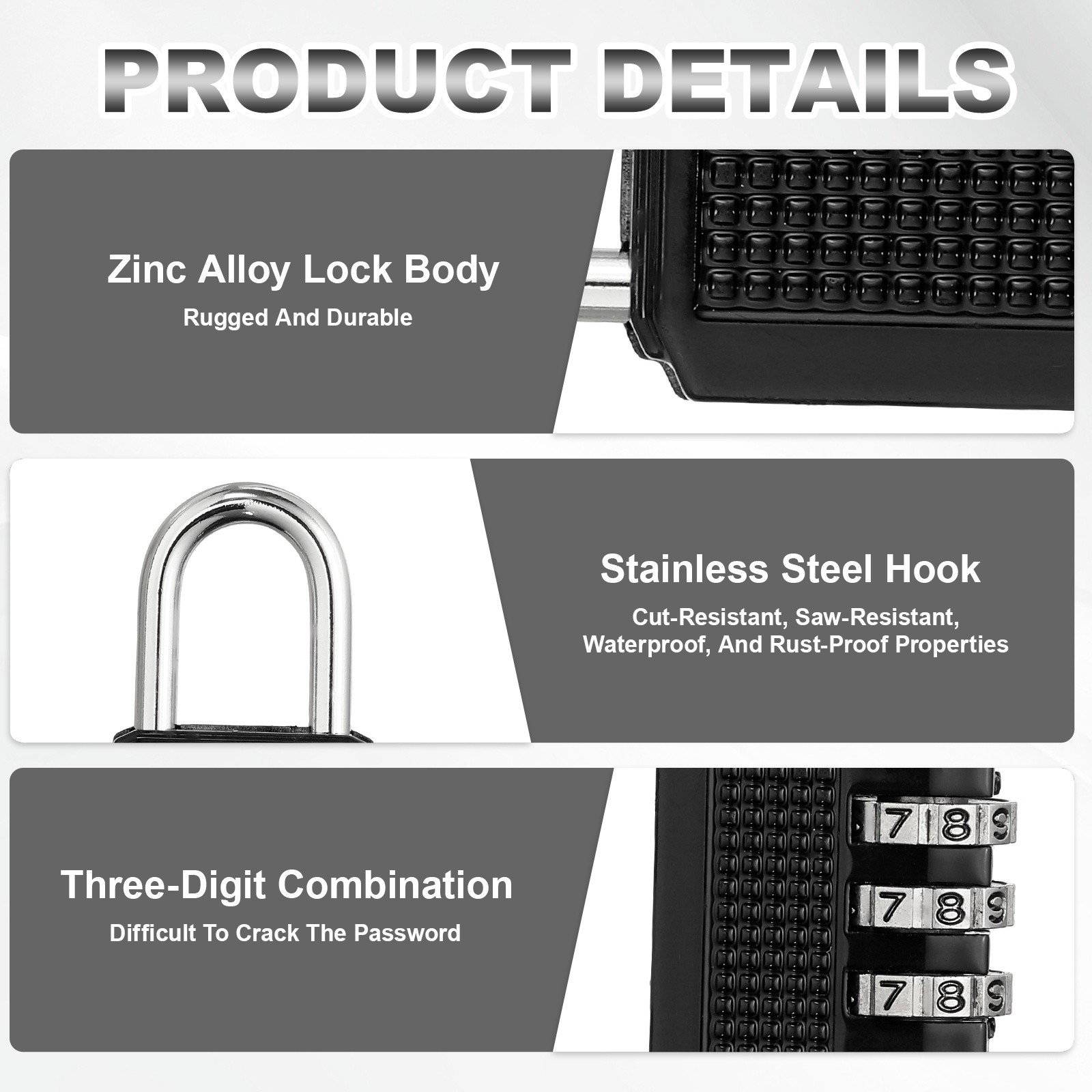 Combination Padlock (Large, Black), 4-Digit Shackle Code Locks
