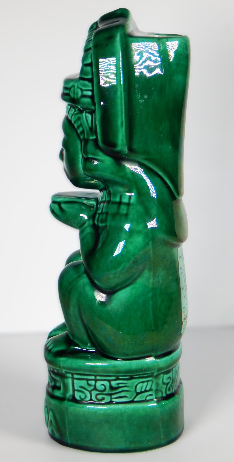 1937 AZTEC KAHLUA BOTTLE DECANTER HAND MADE CERAMIC GREEN TIKI K&B EMPTY LABEL