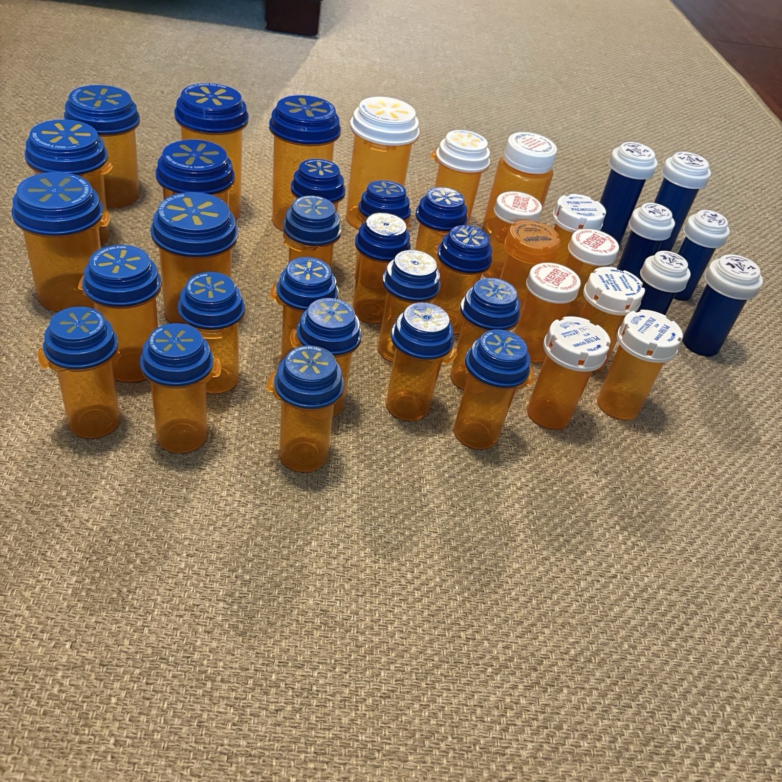 Lot of 40 Empty Pill Rx Bottles Plastic Amber Blue Storage Child Proof Lids