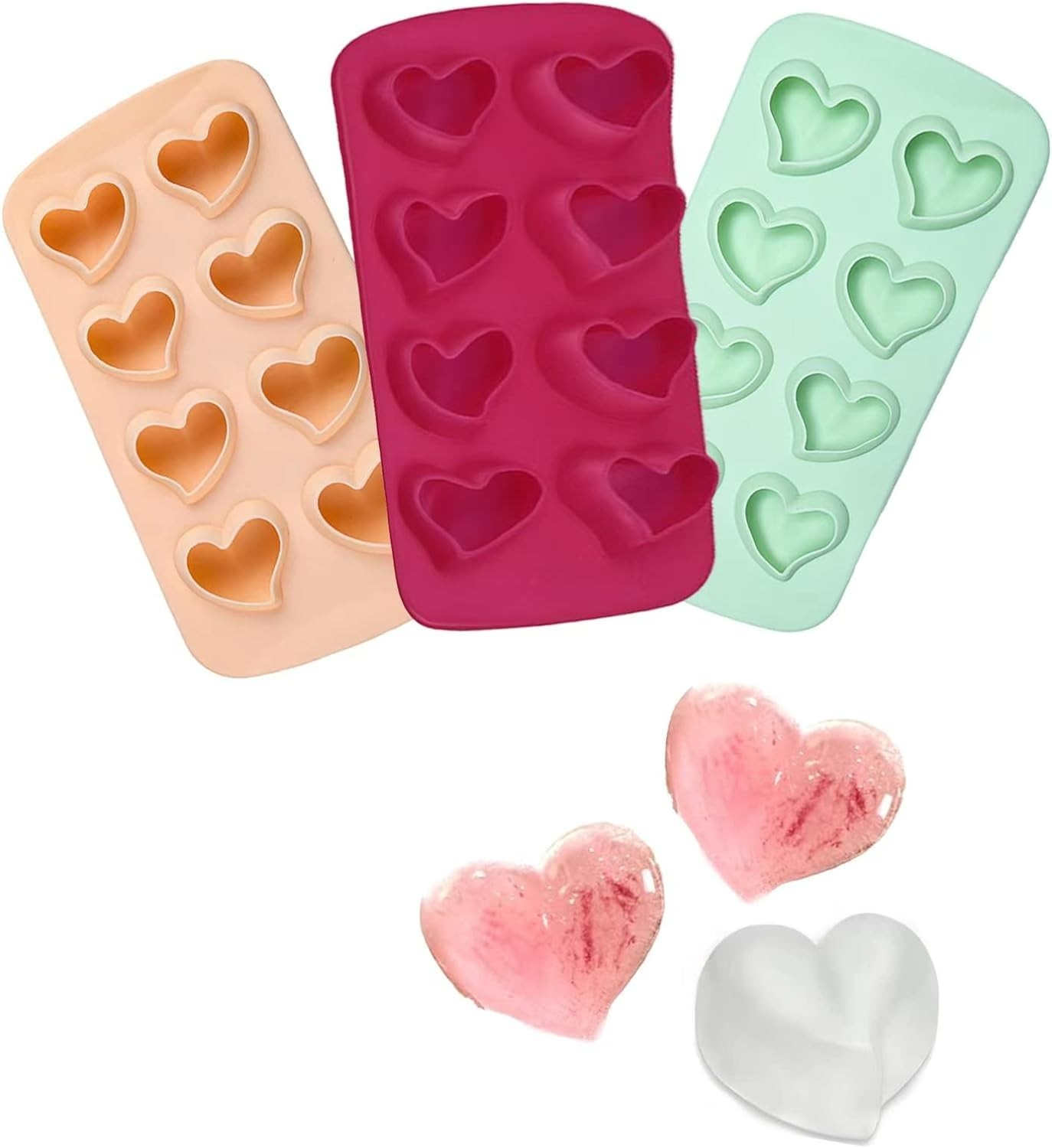 NEW Heart Shaped Silicone Ice Cube Tray 3D Molds Set of 3 makes 24 ❤️ 1.5 in.
