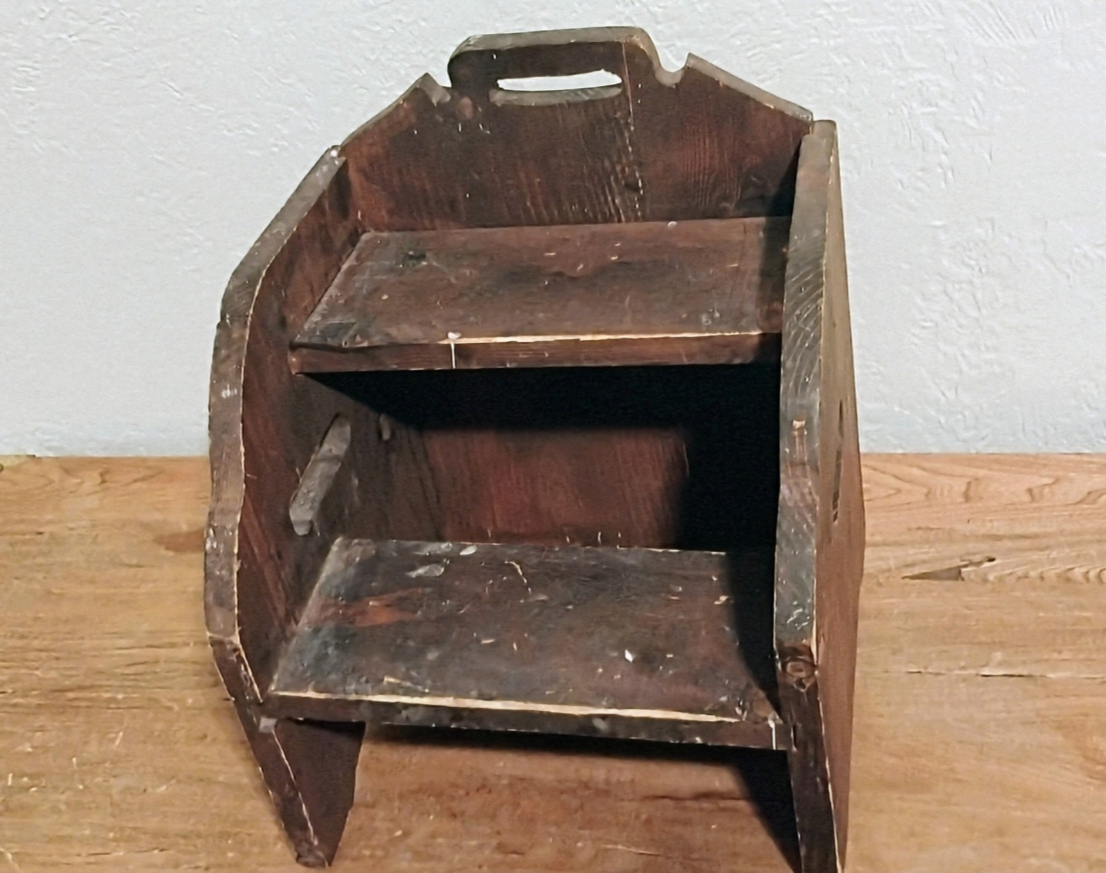 Antique Handmade Wooden Step Stool with Handle Rustic Brown Stained Portable