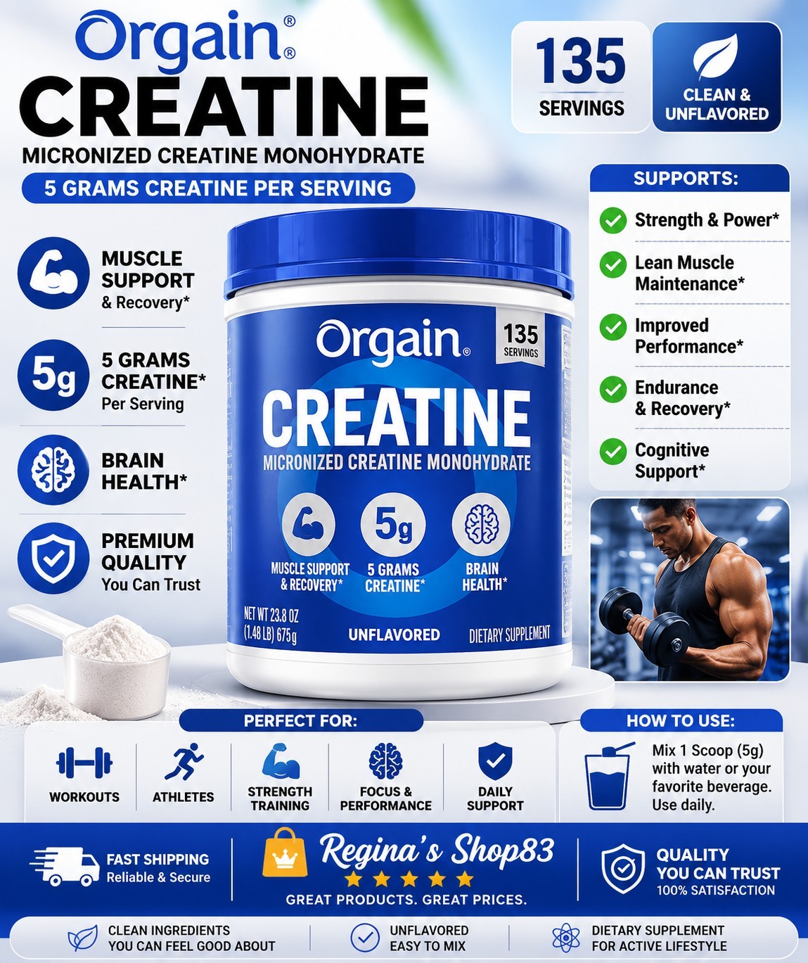 Orgain Creatine Monohydrate Powder 23.8 oz Unflavored 135 Servings 5g Micronized